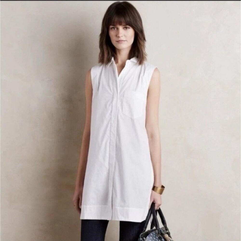 Maeve Anthropologie Paseo Tunic Top White Collared Women's 10 Sleeveless Blouse